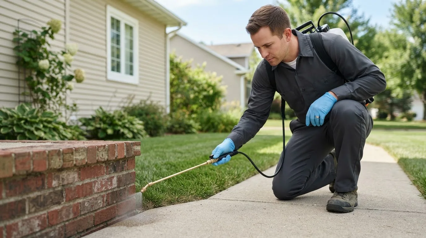 Pest control technician treating a home near Elgin, IA